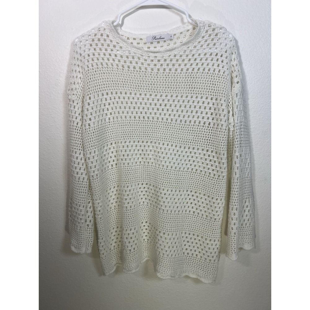 Boho Open Knit Crochet Sweater S White Coastal Festival Top Cottagecore